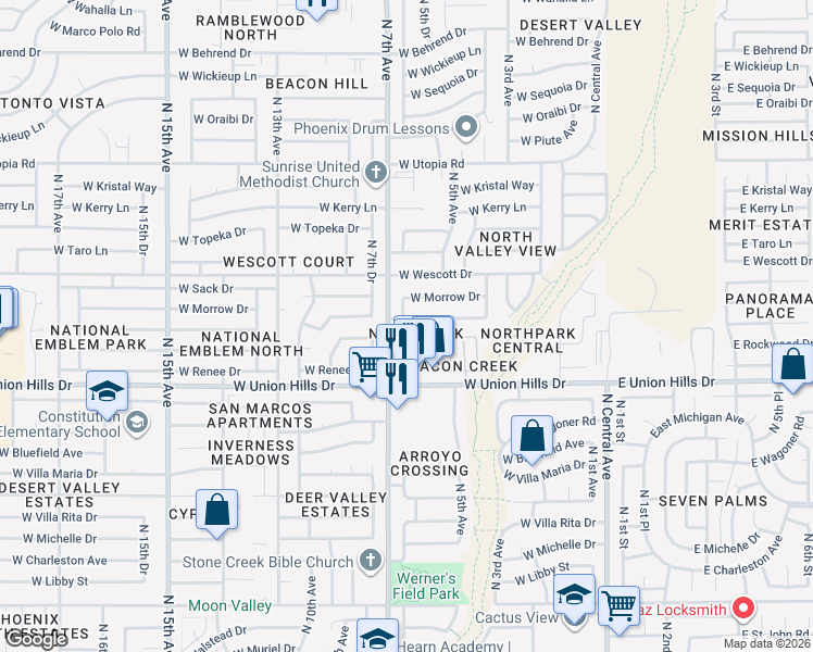map of restaurants, bars, coffee shops, grocery stores, and more near 524 West Rosemonte Drive in Phoenix