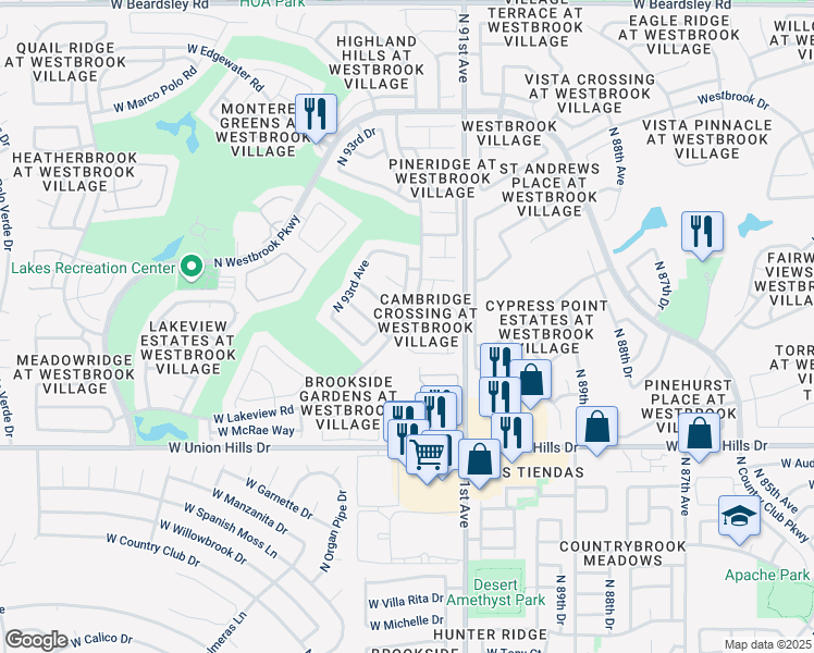 map of restaurants, bars, coffee shops, grocery stores, and more near 19006 North 91st Lane in Peoria