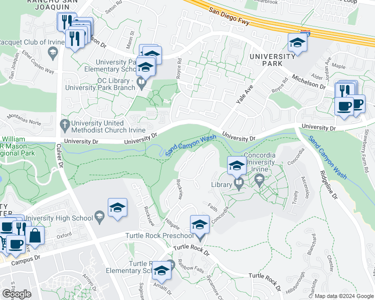 map of restaurants, bars, coffee shops, grocery stores, and more near 36 Rustling Wind in Irvine