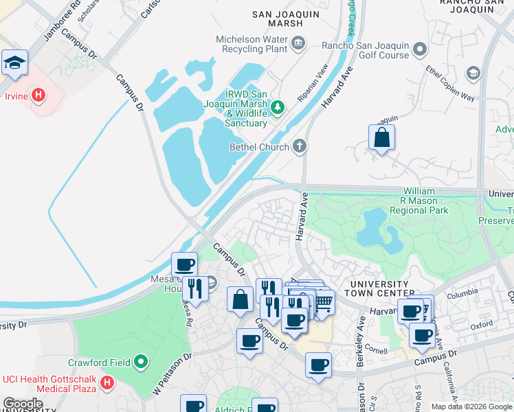 map of restaurants, bars, coffee shops, grocery stores, and more near 183 Stanford Court in Irvine