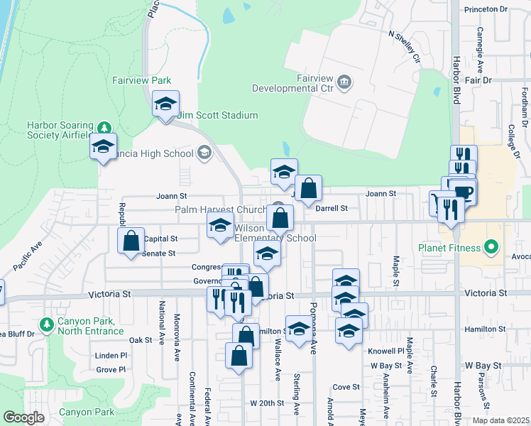 map of restaurants, bars, coffee shops, grocery stores, and more near 760 West Wilson Street in Costa Mesa
