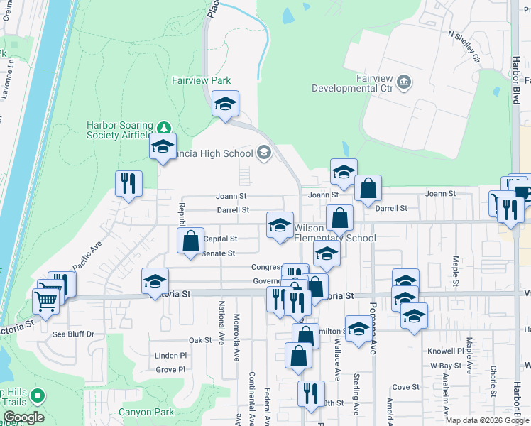 map of restaurants, bars, coffee shops, grocery stores, and more near 854 Darrell Street in Costa Mesa