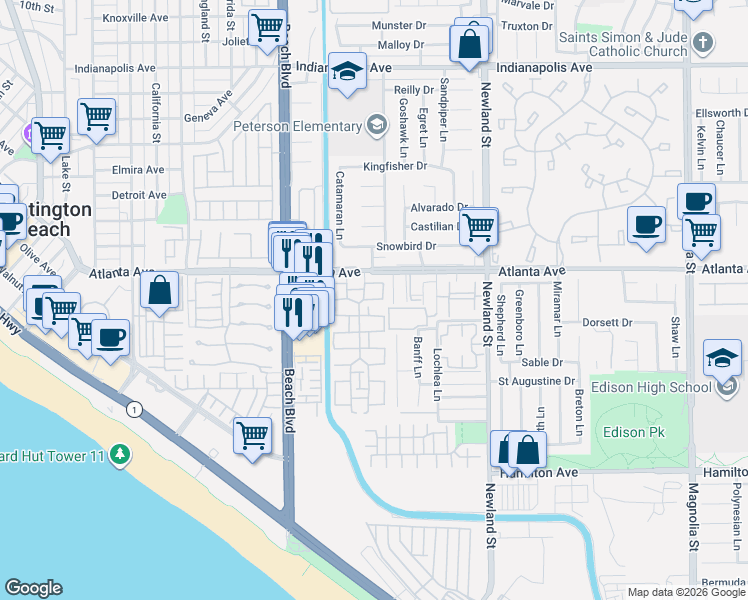map of restaurants, bars, coffee shops, grocery stores, and more near 8225 Freeport Lane in Huntington Beach