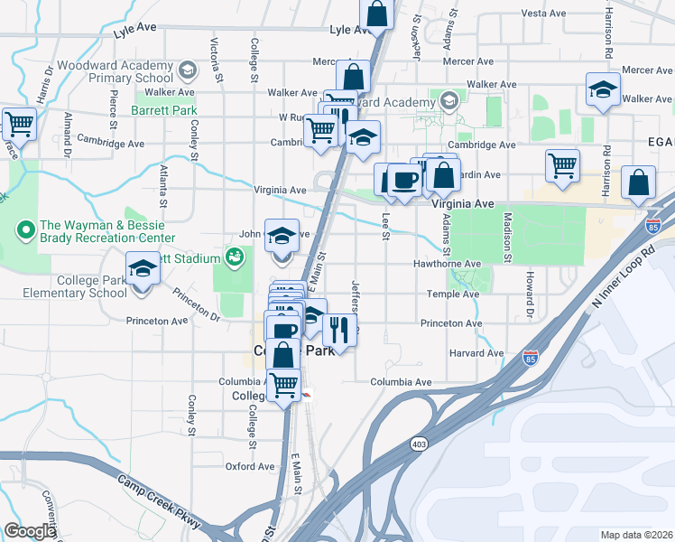 map of restaurants, bars, coffee shops, grocery stores, and more near 1782 Hawthorne Avenue in Atlanta