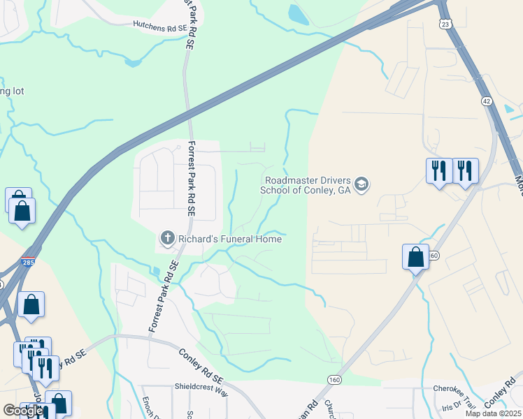 map of restaurants, bars, coffee shops, grocery stores, and more near 3568 Oakshire Way Southeast in Atlanta