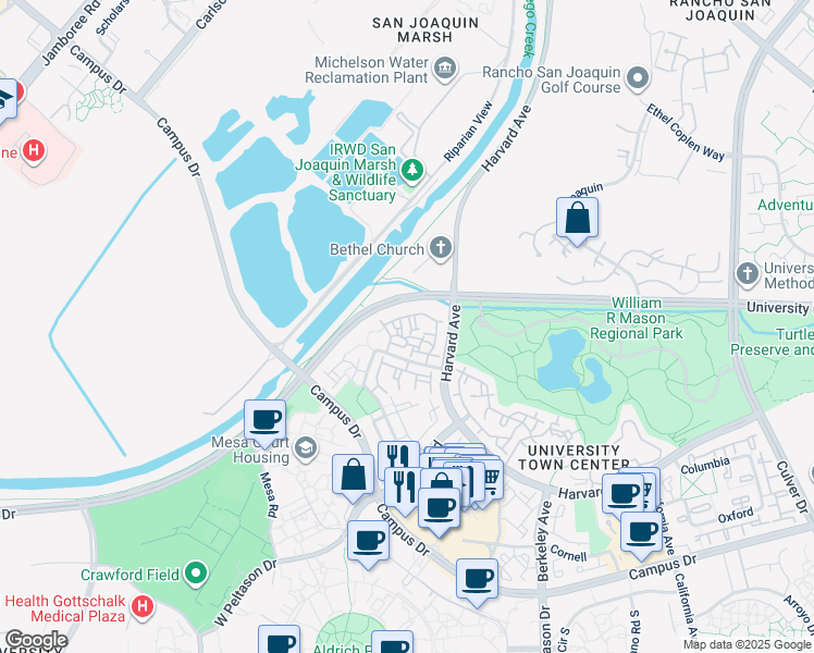 map of restaurants, bars, coffee shops, grocery stores, and more near 131 Stanford in Irvine