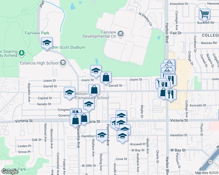 map of restaurants, bars, coffee shops, grocery stores, and more near 691 Darrell Street in Costa Mesa