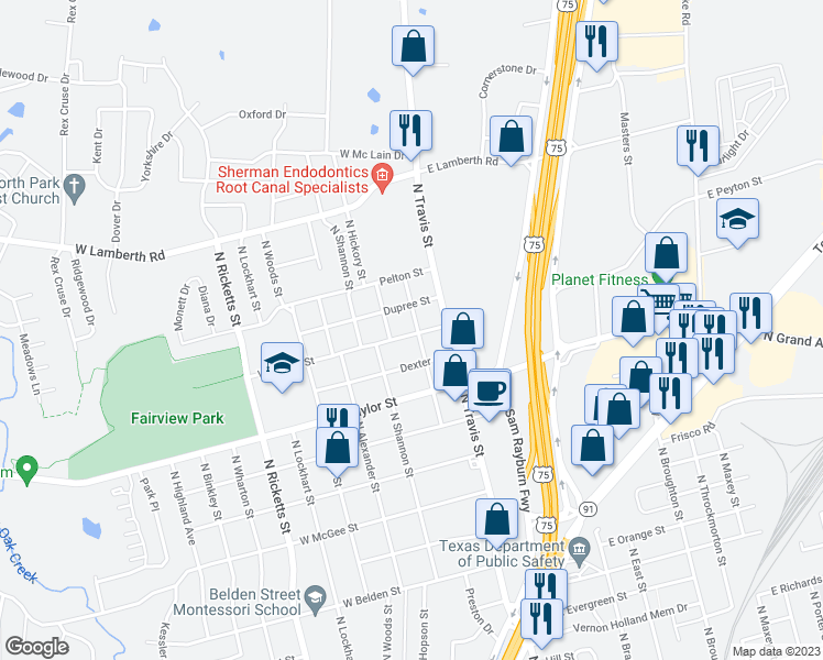 map of restaurants, bars, coffee shops, grocery stores, and more near 205 West Burton Street in Sherman