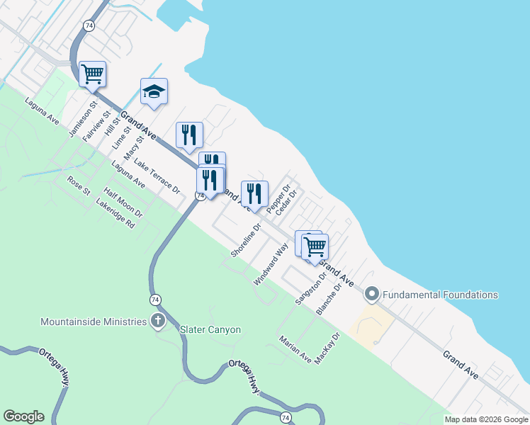 map of restaurants, bars, coffee shops, grocery stores, and more near 32954 Pepper Drive in Lake Elsinore