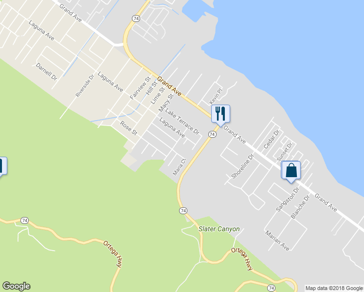 map of restaurants, bars, coffee shops, grocery stores, and more near 33085 Molly Court in Lake Elsinore