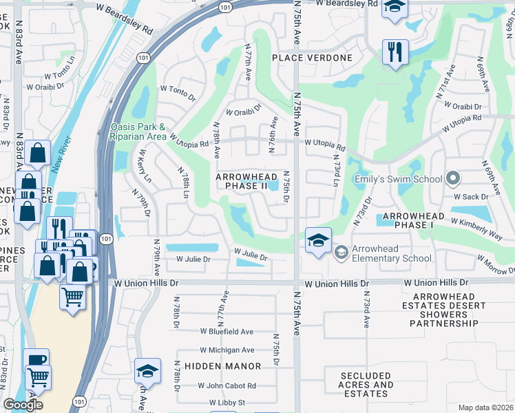 map of restaurants, bars, coffee shops, grocery stores, and more near 19030 North 76th Avenue in Glendale