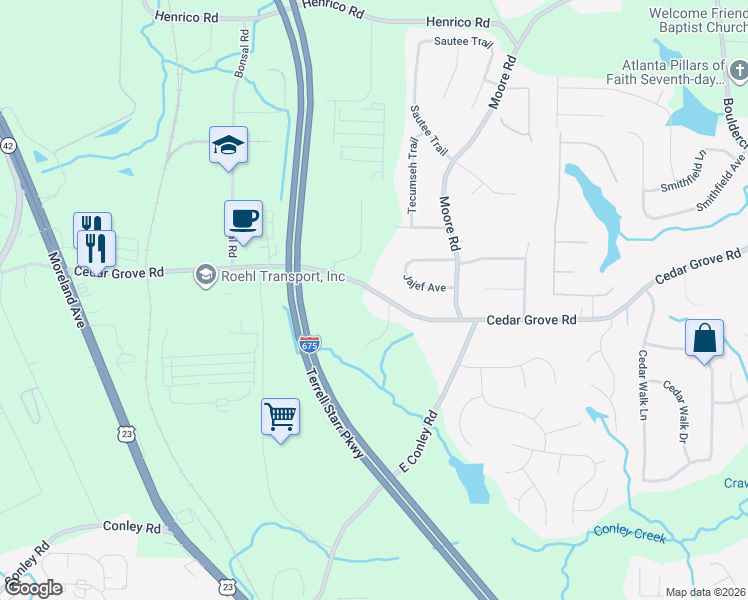 map of restaurants, bars, coffee shops, grocery stores, and more near 1664 Cedar Grove Road in Conley