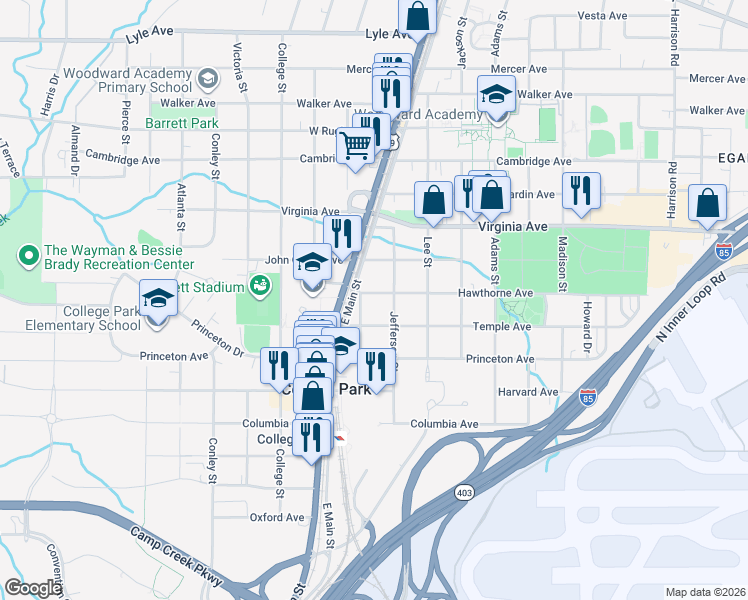 map of restaurants, bars, coffee shops, grocery stores, and more near 1782 Hawthorne Ave in Atlanta