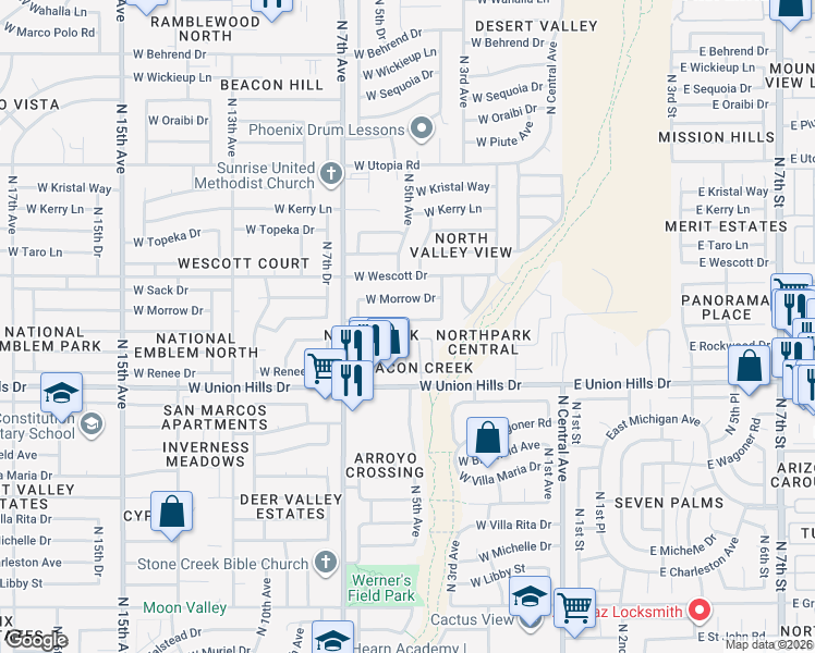 map of restaurants, bars, coffee shops, grocery stores, and more near 402 West Rosemonte Drive in Phoenix
