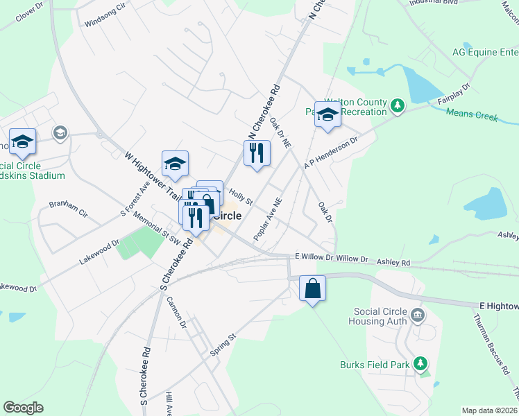 map of restaurants, bars, coffee shops, grocery stores, and more near 210 Holly Street in Social Circle
