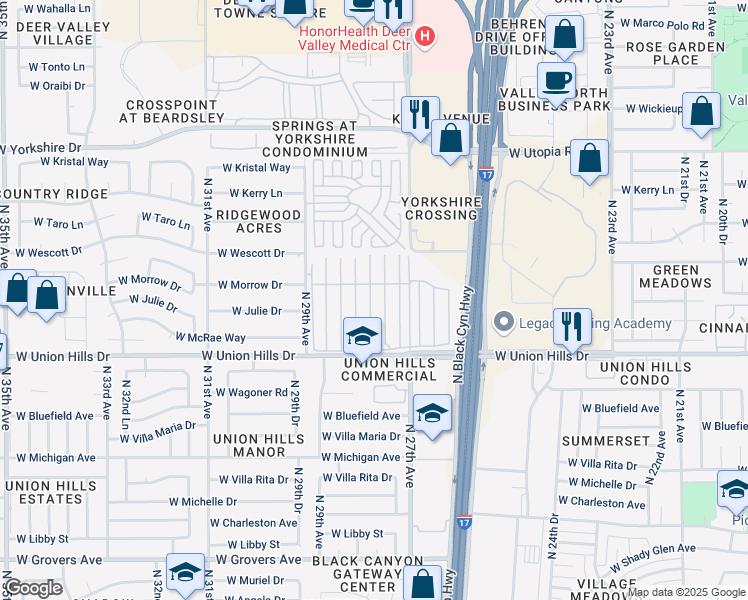 map of restaurants, bars, coffee shops, grocery stores, and more near 2650 West Union Hills Drive in Phoenix
