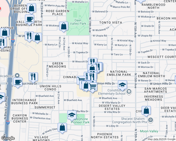 map of restaurants, bars, coffee shops, grocery stores, and more near 18631 North 19th Avenue in Phoenix