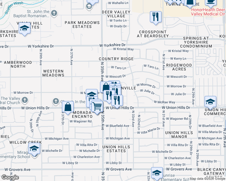 map of restaurants, bars, coffee shops, grocery stores, and more near 3401 West Morrow Drive in Phoenix