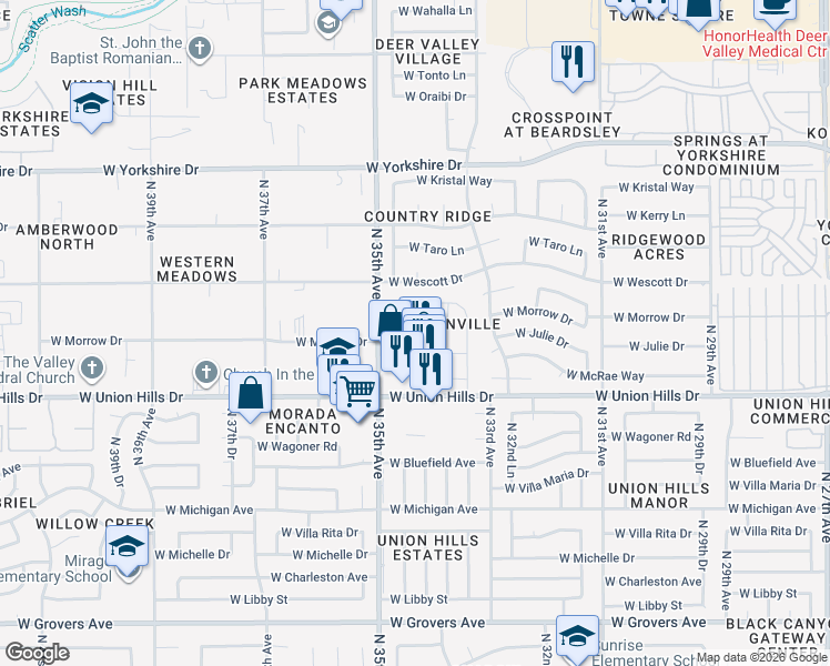 map of restaurants, bars, coffee shops, grocery stores, and more near 3401 West Morrow Drive in Phoenix