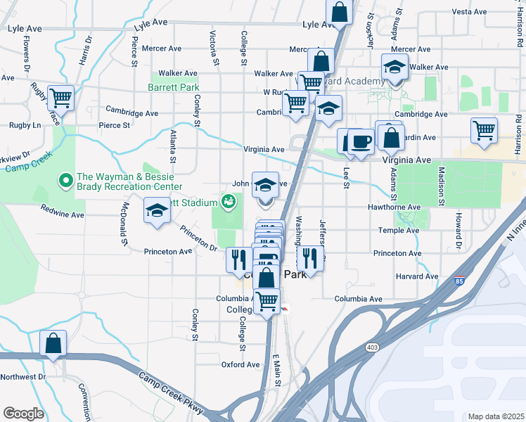 map of restaurants, bars, coffee shops, grocery stores, and more near 3605 Main Street in Atlanta