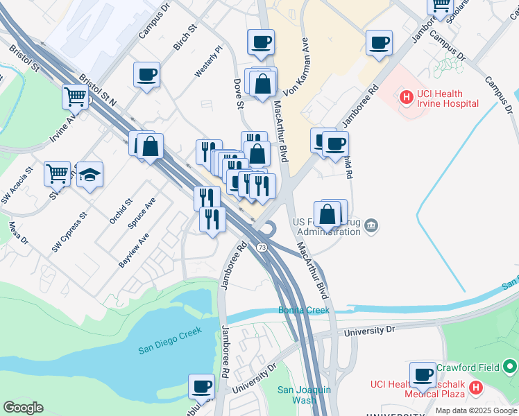 map of restaurants, bars, coffee shops, grocery stores, and more near 3601 Jamboree Road in Newport Beach