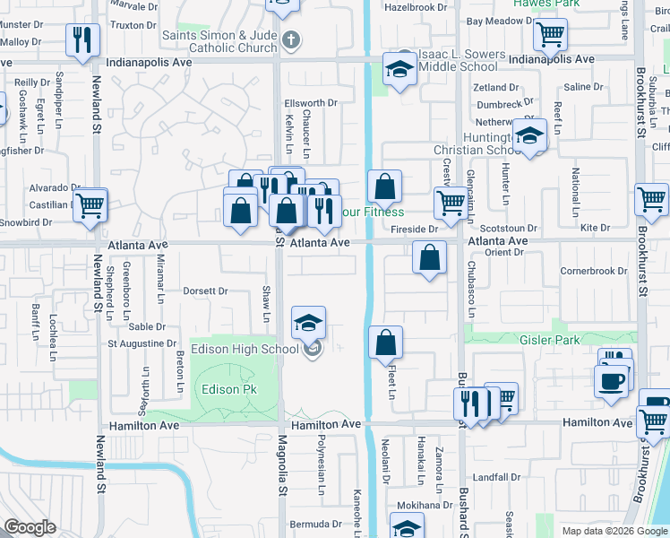 map of restaurants, bars, coffee shops, grocery stores, and more near 9161 Santiago Drive in Huntington Beach