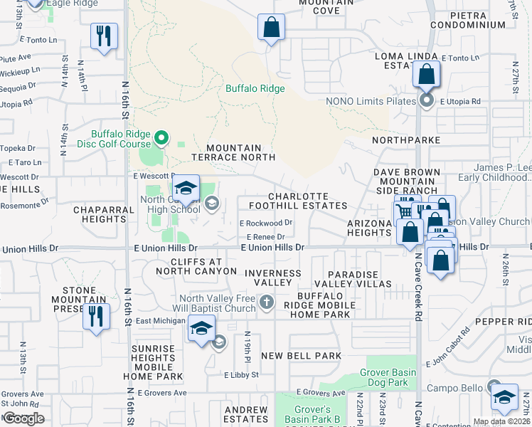 map of restaurants, bars, coffee shops, grocery stores, and more near 1961 East Rosemonte Drive in Phoenix