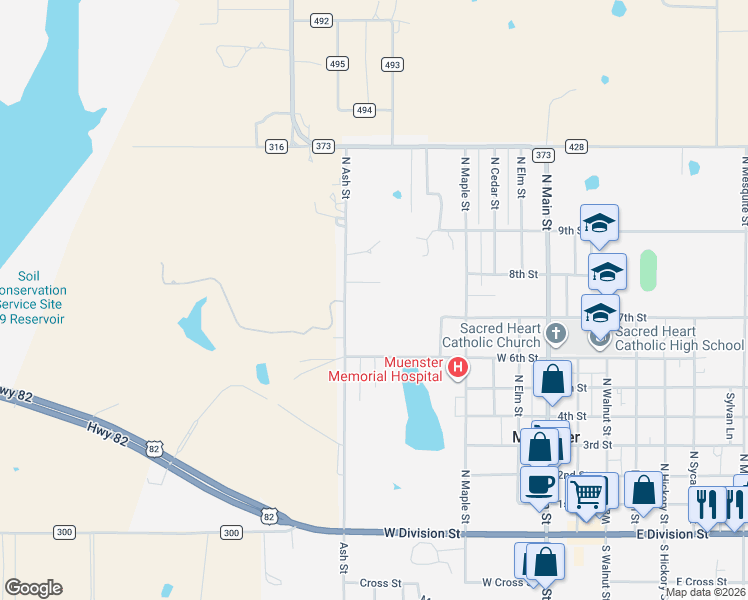map of restaurants, bars, coffee shops, grocery stores, and more near 737 North Ash Street in Muenster