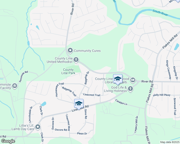 map of restaurants, bars, coffee shops, grocery stores, and more near 4200 Ridgetop Drive in Ellenwood