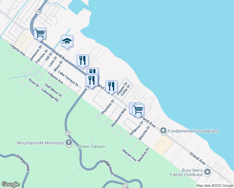map of restaurants, bars, coffee shops, grocery stores, and more near 32989 Pepper Drive in Lake Elsinore