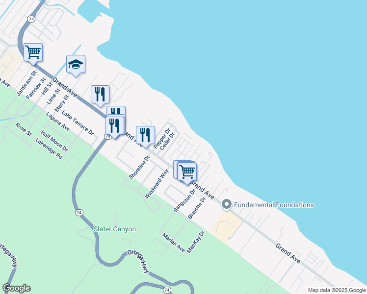 map of restaurants, bars, coffee shops, grocery stores, and more near 32880 Oleander Drive in Lake Elsinore