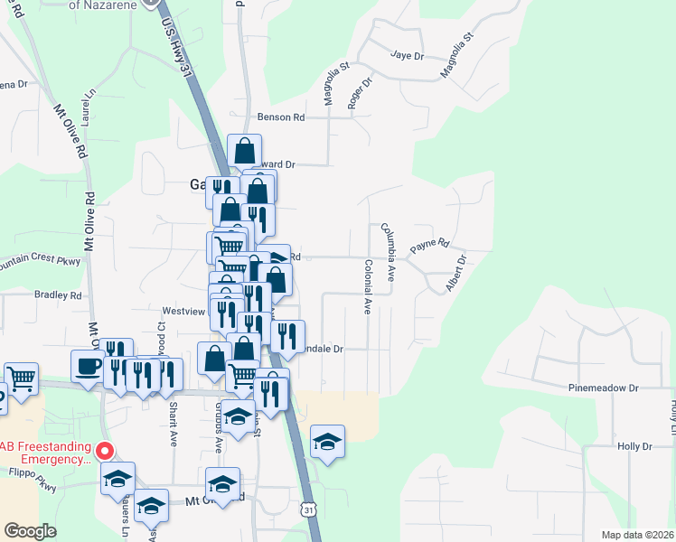 map of restaurants, bars, coffee shops, grocery stores, and more near 217 Payne Road in Gardendale