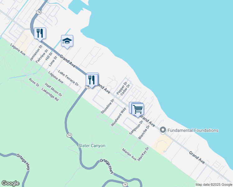 map of restaurants, bars, coffee shops, grocery stores, and more near 32989 Pepper Drive in Lake Elsinore
