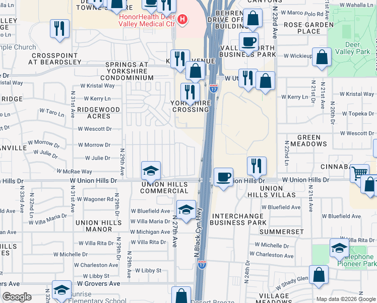 map of restaurants, bars, coffee shops, grocery stores, and more near 2650 West Union Hills Drive in Phoenix