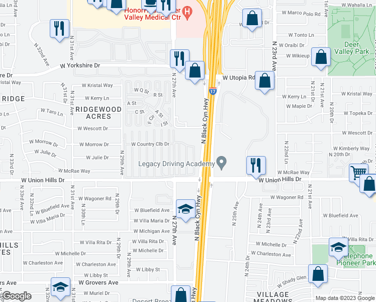 map of restaurants, bars, coffee shops, grocery stores, and more near 2650 West Union Hills Drive in Phoenix