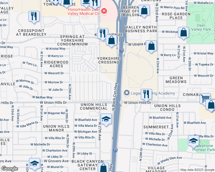map of restaurants, bars, coffee shops, grocery stores, and more near 2650 West Union Hills Drive in Phoenix