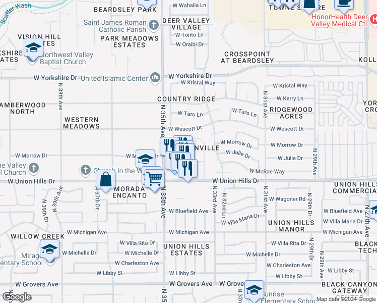map of restaurants, bars, coffee shops, grocery stores, and more near 3401 West Morrow Drive in Phoenix