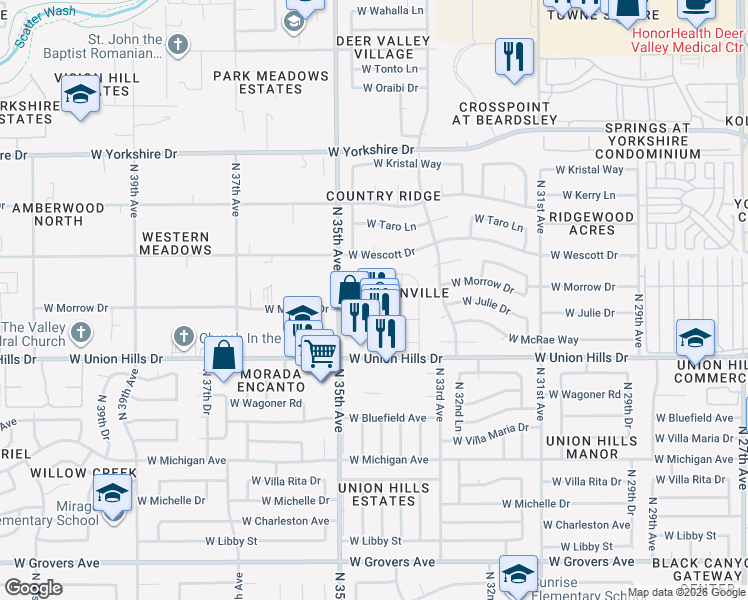 map of restaurants, bars, coffee shops, grocery stores, and more near 3401 West Morrow Drive in Phoenix