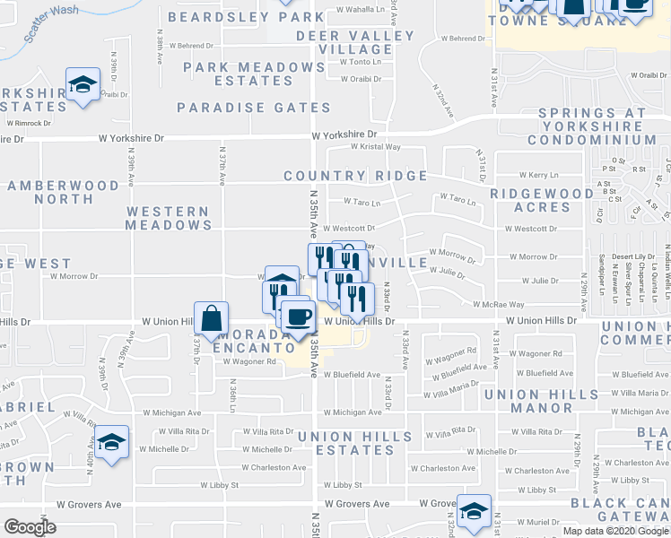 map of restaurants, bars, coffee shops, grocery stores, and more near 18820 North 34th Lane in Phoenix