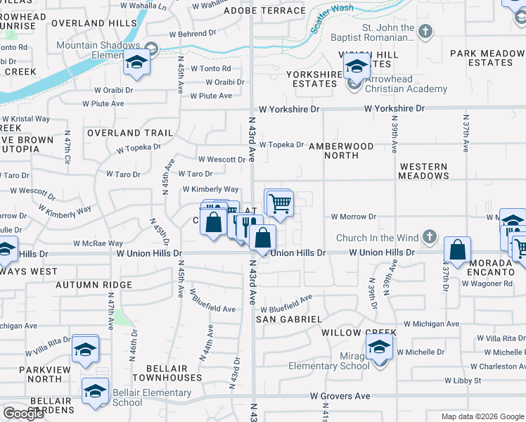 map of restaurants, bars, coffee shops, grocery stores, and more near 18777 North 43rd Avenue in Glendale