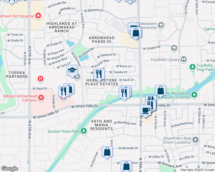 map of restaurants, bars, coffee shops, grocery stores, and more near 18878 North 61st Avenue in Glendale