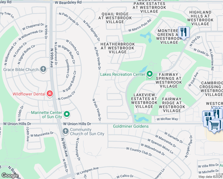 map of restaurants, bars, coffee shops, grocery stores, and more near 19036 North 98th Lane in Peoria