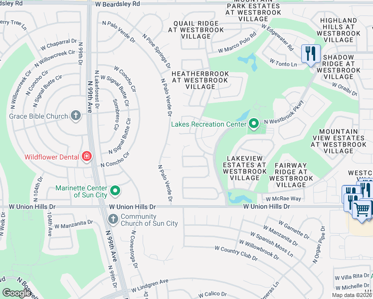 map of restaurants, bars, coffee shops, grocery stores, and more near 19036 North 98th Lane in Peoria