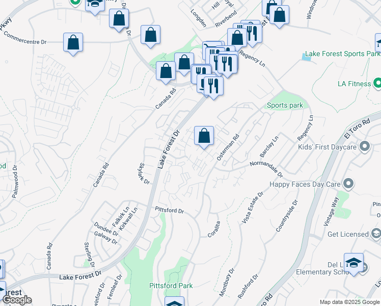 map of restaurants, bars, coffee shops, grocery stores, and more near 26362 Moorsview in Lake Forest