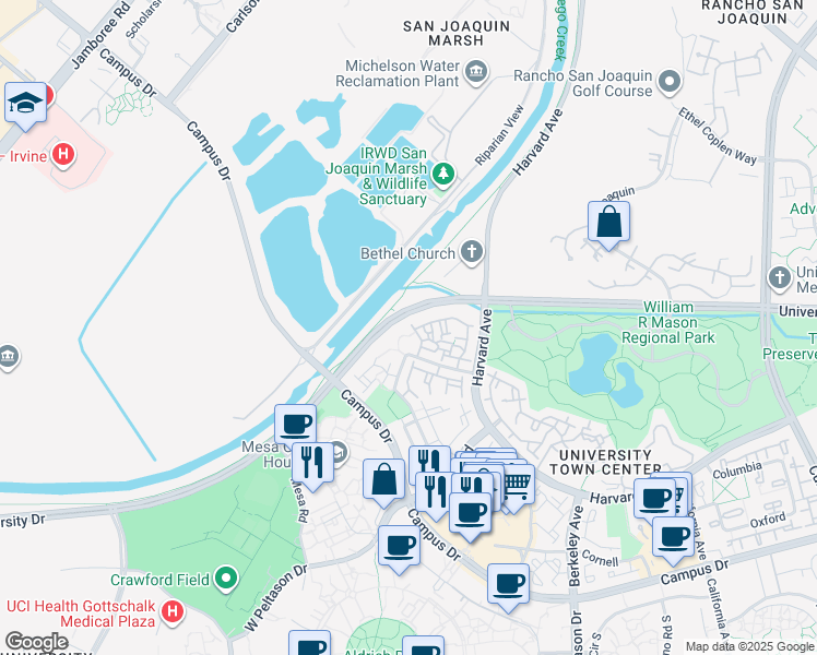 map of restaurants, bars, coffee shops, grocery stores, and more near 183 Stanford Court in Irvine