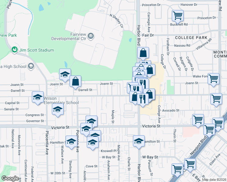 map of restaurants, bars, coffee shops, grocery stores, and more near 2268 Maple Street in Costa Mesa