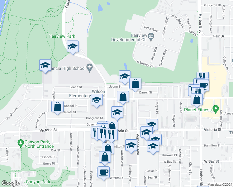 map of restaurants, bars, coffee shops, grocery stores, and more near 755 Joann Street in Costa Mesa