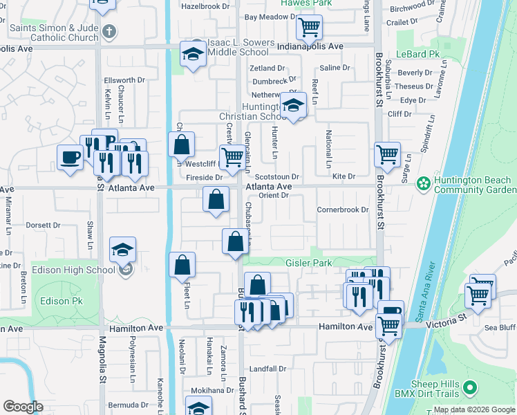 map of restaurants, bars, coffee shops, grocery stores, and more near 21052 Chubasco Lane in Huntington Beach
