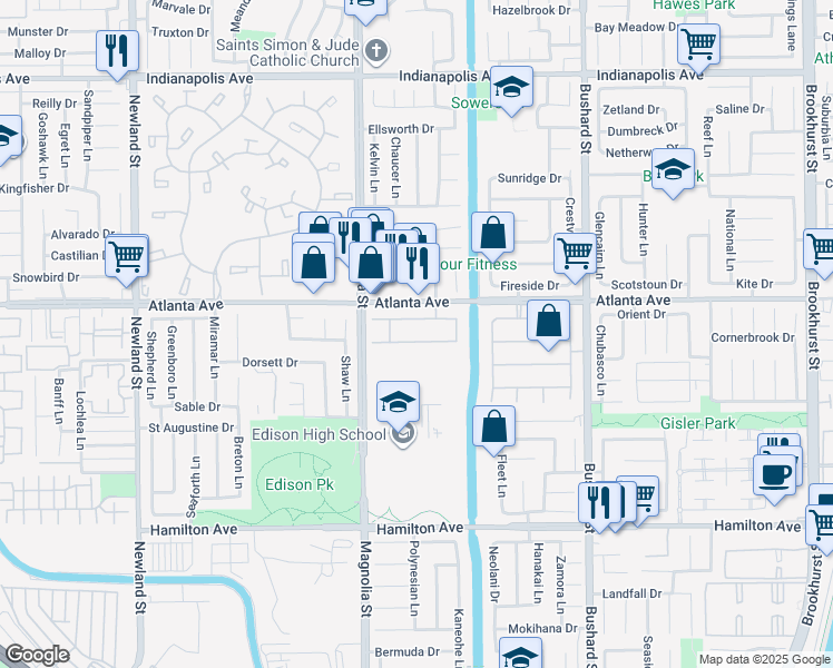 map of restaurants, bars, coffee shops, grocery stores, and more near 9132 Belcaro Drive in Huntington Beach