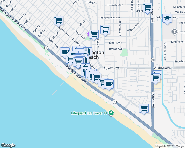 map of restaurants, bars, coffee shops, grocery stores, and more near 220 2nd Street in Huntington Beach